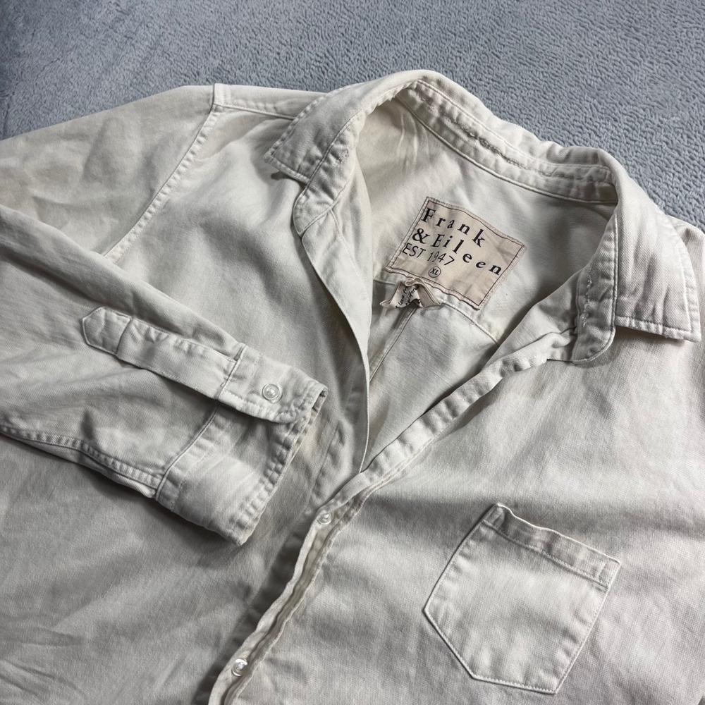 Frank & Eileen Barry Button Up Shirt XL Cream Off White Twill Raw Hem